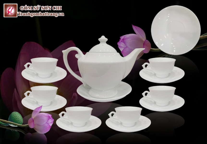 Bộ ấm chén Bát Tràng màu trắng sứ - mẫu 04