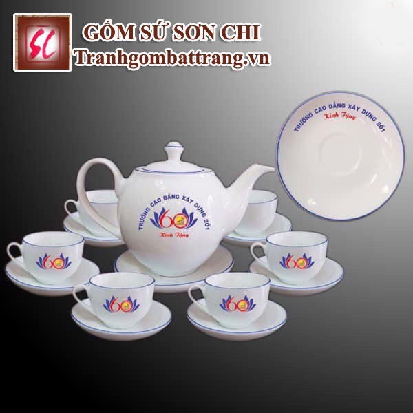 Bộ ấm chén Bát Tràng màu trắng sứ - mẫu 09