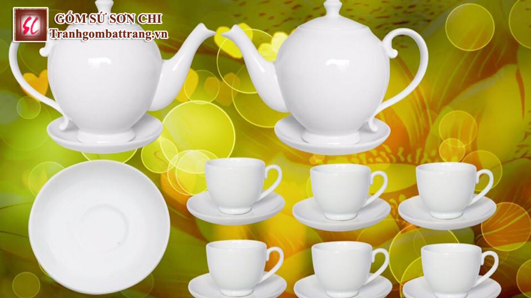 Bộ ấm chén Bát Tràng màu trắng sứ - mẫu 12