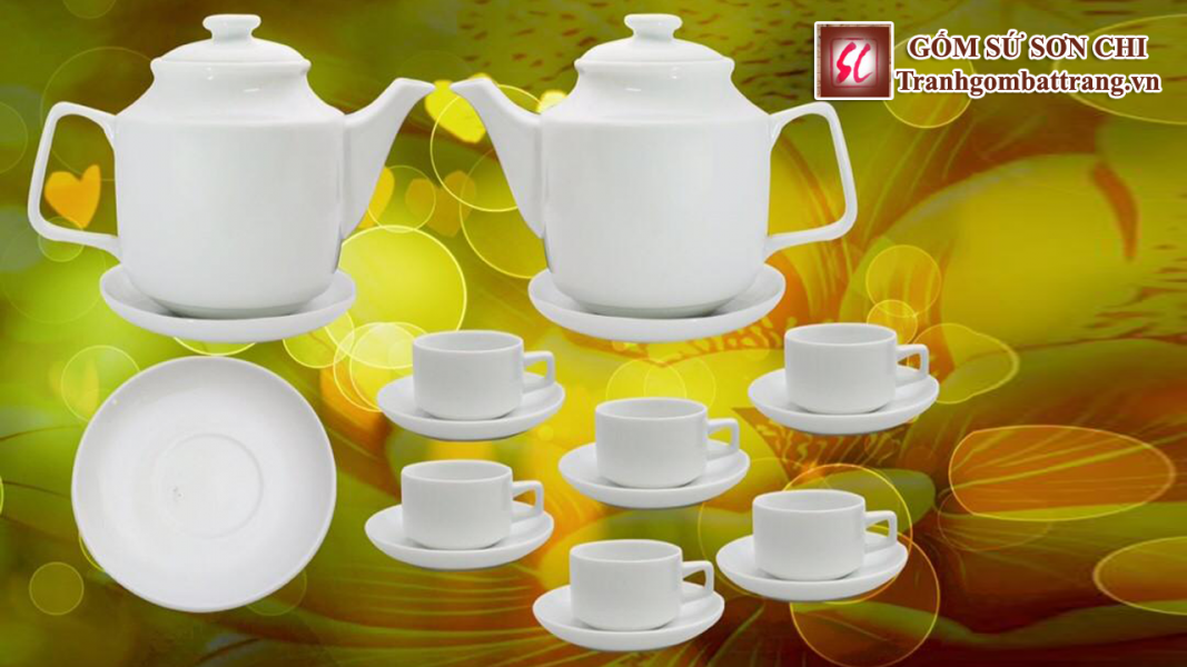 Bộ ấm chén Bát Tràng màu trắng sứ - mẫu 13