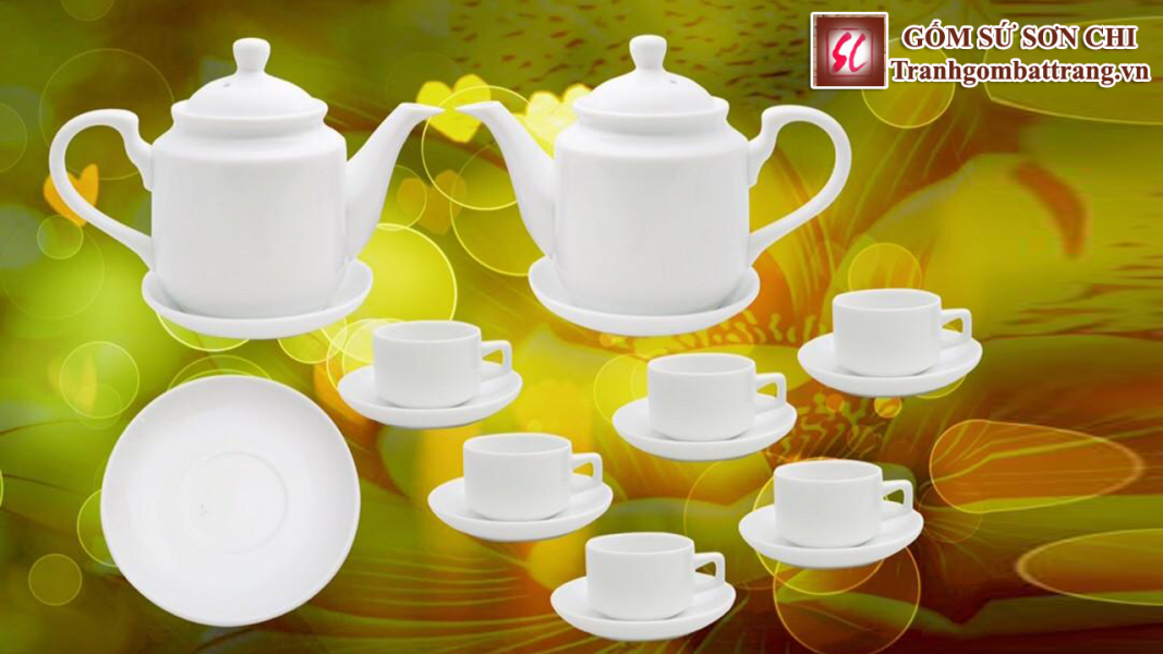 Bộ ấm chén Bát Tràng màu trắng sứ - mẫu 15