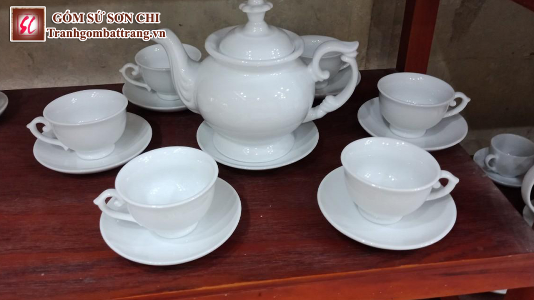 Bộ ấm chén Bát Tràng màu trắng sứ - mẫu 18
