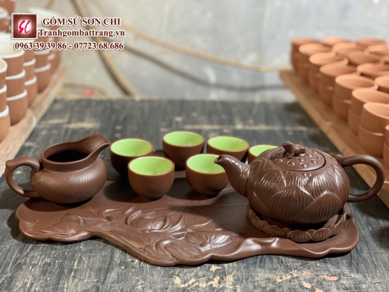 Bộ ấm chén Bát Tràng màu nâu cổ - mẫu 65