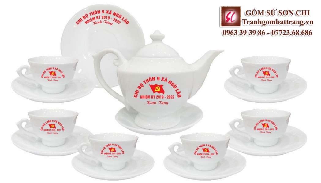 Bộ ấm chén Bát Tràng màu trắng sứ - mẫu 33