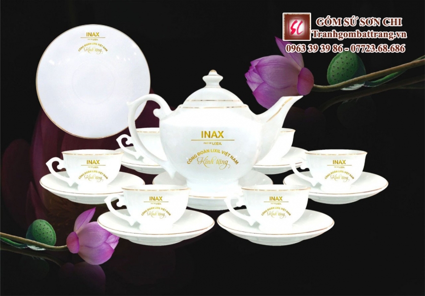 Bộ ấm chén Bát Tràng màu trắng sứ - mẫu 35