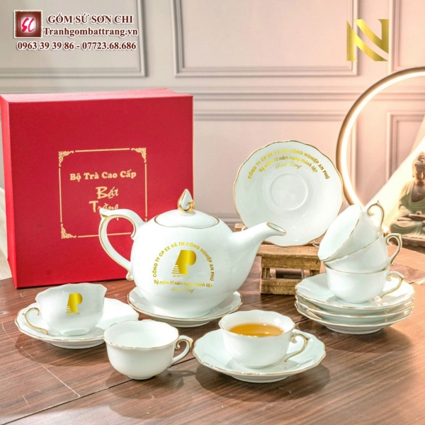 Bộ ấm chén Bát Tràng màu trắng sứ - mẫu 37