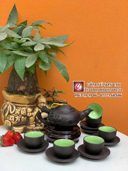 Bộ ấm chén Bát Tràng màu nâu cổ - mẫu 107