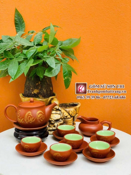 Bộ ấm chén Bát Tràng màu nâu cổ - mẫu 110