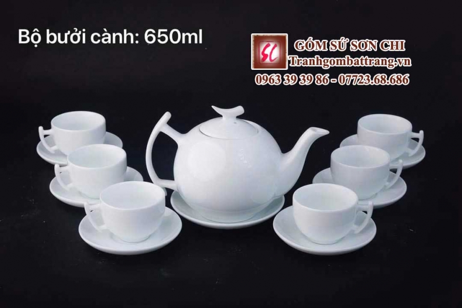 Bộ ấm chén Bát Tràng màu trắng sứ - mẫu 37